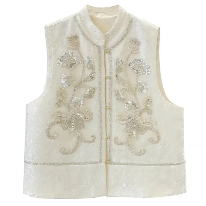 2025 New Chinese Style Beaded Sequin National Style Vest Spring New Embroidered Loose Vest