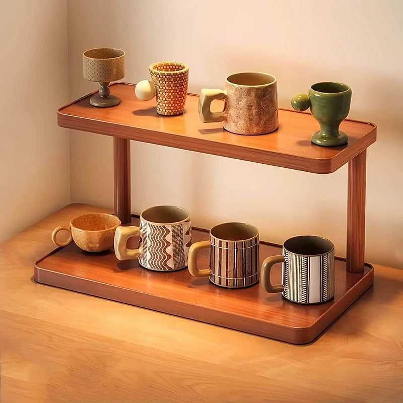Versatile 2-Tier Wooden Storage Rack for Kitchen&Tea Room-Countertop Organizer with Decorative Desktop Multi-layer Storage Rack