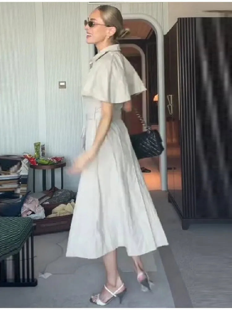 Women Trench Style Shirt Dress Solid Color Cape Sleeve Waist Belt Button Down Midi Skirt Casual Chic Daily Office Outfit New