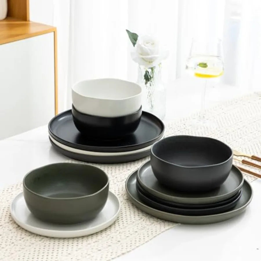Ceramic Dinnerware Sets, Wavy Rim Stoneware Plates and Bowls Sets, Dishwasher and Microwave and Oven Safe Dishes set, pc