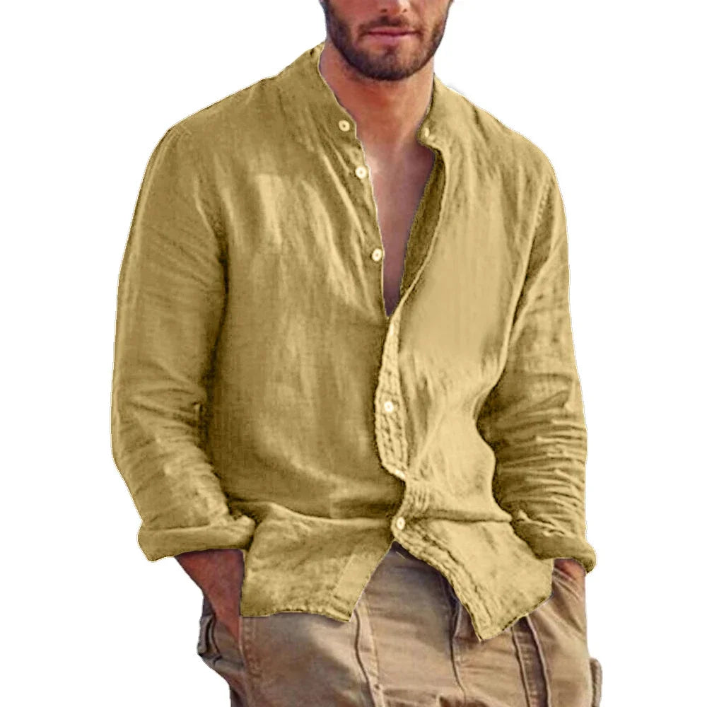 Sweatwear Men's Long Sleeve Shirt Linen Solid Color Shirts Trend Stand Collar Casual Lightweight Breathable Tops Hawaiian Shirt
