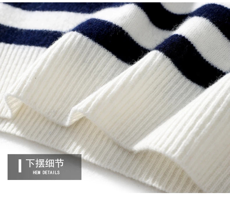2024 Autumn/Winter New Round Neck 100% Pure Wool Sweater Men's Casual Loose Thick Sweater Striped Knitted Base Cashmere Sweaters