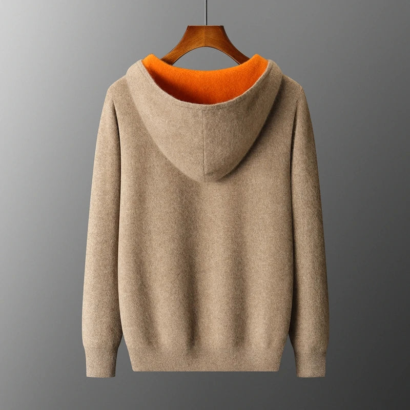 New Men's 100% Merino Wool Double Sided Wearable Hooded Sweater Casual Autumn Winter Coat Long Sleeved Men's Wool Sweater Tops