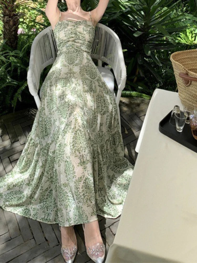 Dress Women Sling Dresses A Line Print Floral Pleated Sleeveless Backless Slim Fit Tight High Waist Long Vestidos Elegant Splice
