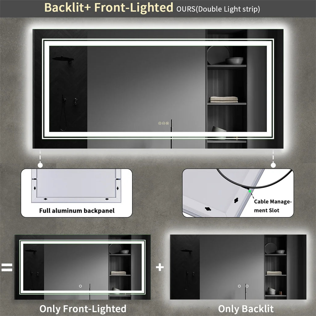 LUVODI 180cm Extra Large Wall Mounted Vanity Dressing Mirror Anti-Fog Dimmable Backlit with 3 Lighting Settings for Makeup And Shaving Horizontal/Vertical