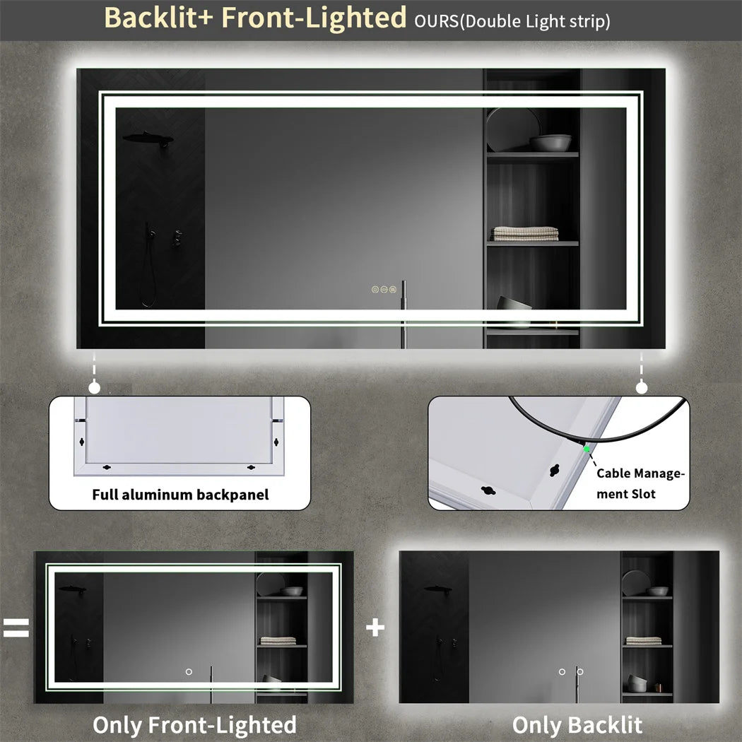 LUVODI 180cm Extra Large Wall Mounted Vanity Dressing Mirror Anti-Fog Dimmable Backlit with 3 Lighting Settings for Makeup And Shaving Horizontal/Vertical