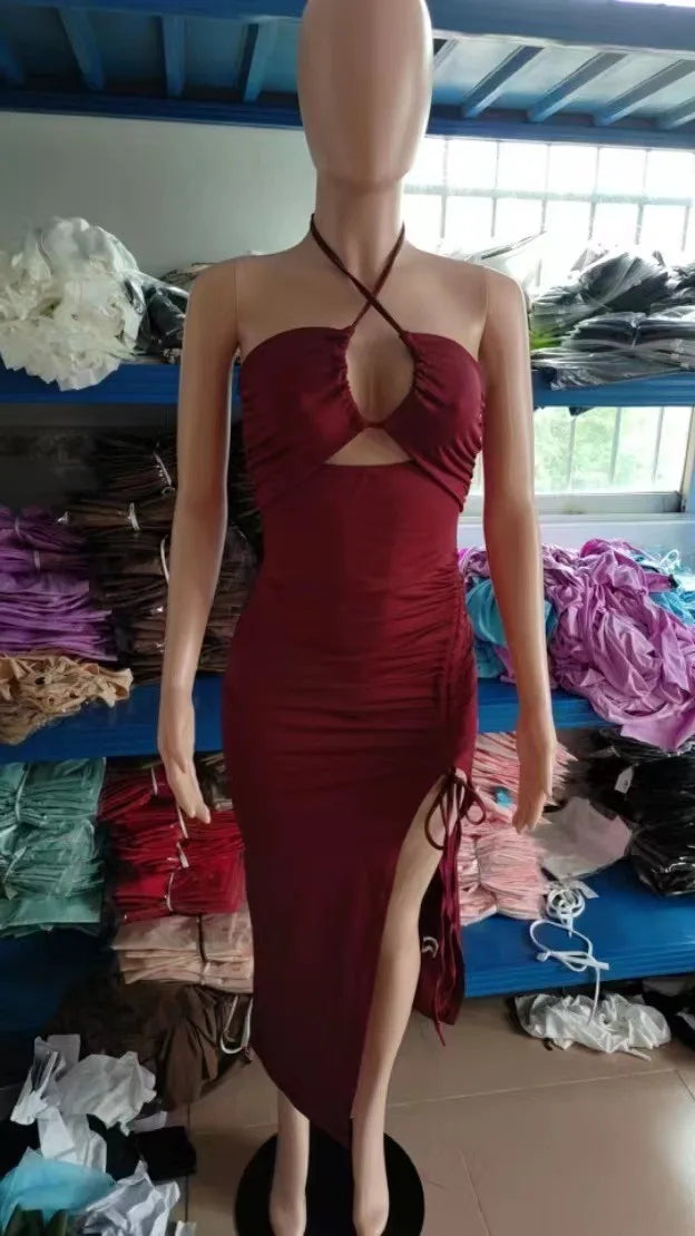 Women's Elegant Party Summer Sleeveless Halter Neck High Waist Pencil Dress Long Backless Cross Strap with High Slit Bodycon