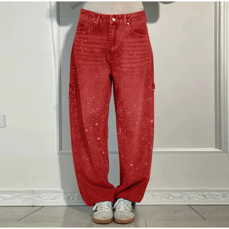 Rhinestone Wide Leg Lady Jeans Diamonds Denim Straigt High Waist Zipper Female Pants 2025 Fashion Pockets Street Lady Trouser