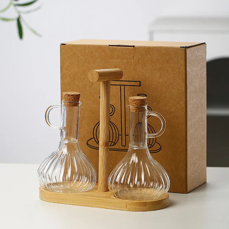 Household 300-350ml Heat-resistant Glass Oil Pot with Wooden Stand, Liquid Seasoning Bottle, Striped Sauce and Vinegar Oil Pot