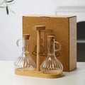 Household 300-350ml Heat-resistant Glass Oil Pot with Wooden Stand, Liquid Seasoning Bottle, Striped Sauce and Vinegar Oil Pot