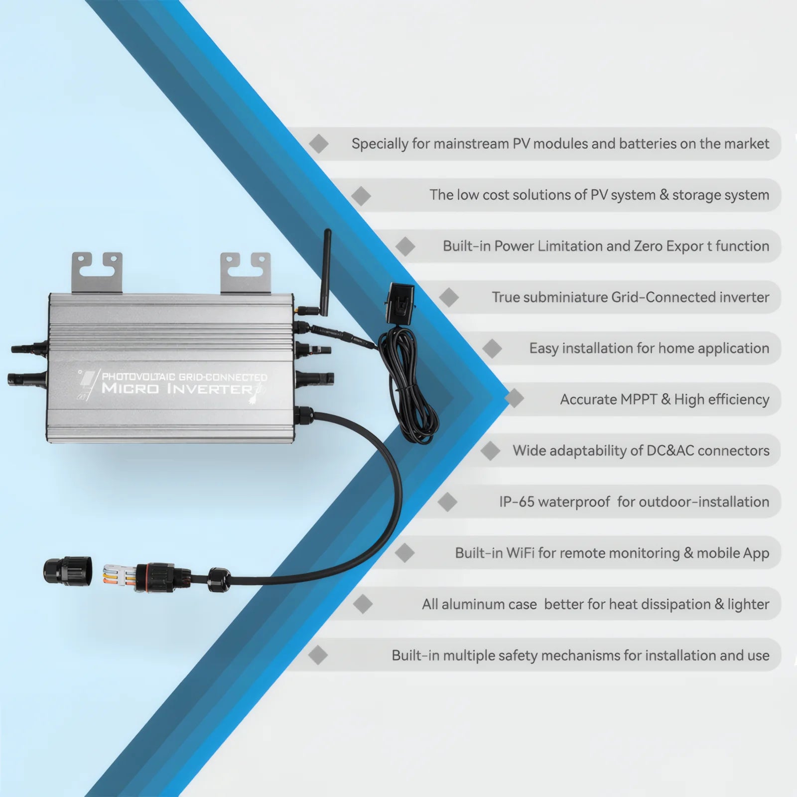 POWLSOJX Dual Input Solar Inverter 1000W/1250W - PV + Battery, 180-265V Grid-Connected with Zero Export, Smart App Control