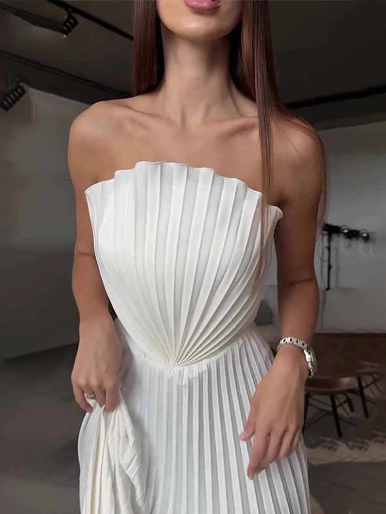 Elegant Solid Pleated Off Shoulder Long Dresses for Women Chic Sleeveless Backless Female Maxi Dress Summer New Beach Party Robe