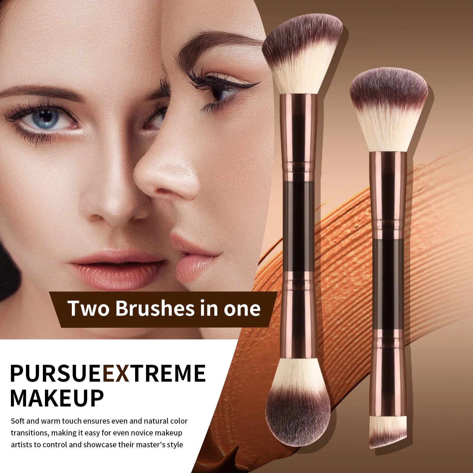 7 double-ended makeup brushes, loose powder brush, foundation brush, eyeshadow brush, eyebrow brush, soft hair beauty tool.