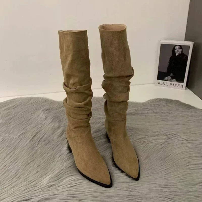 Women Knee High Boots Autumn Winter Female Shoes Fashion Female Slip-on Folds Low Heel Round Toe Flat Long Boots