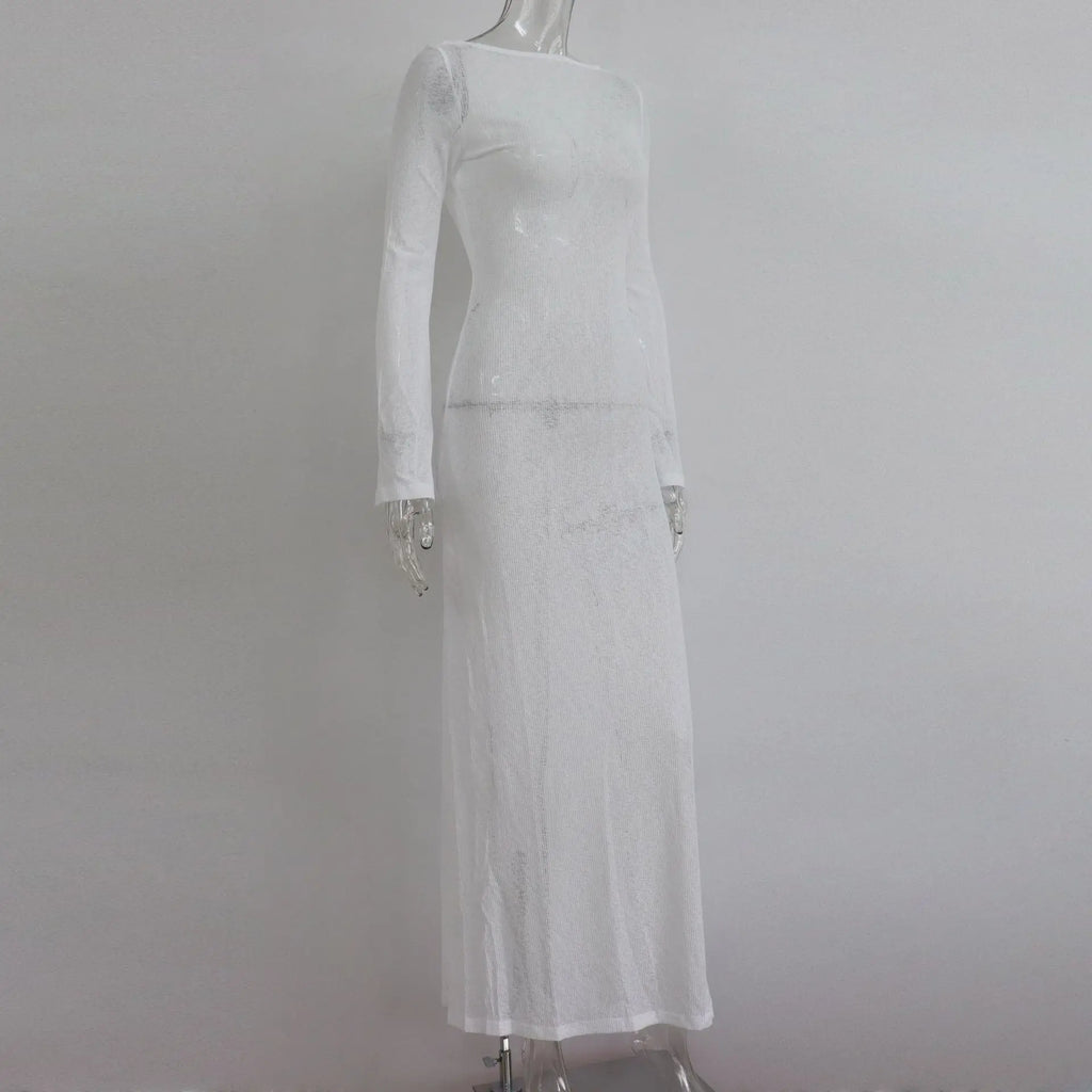 Women Summer Mesh Wrapped Dress Long Sleeve Round Neck See Through Sunscreen Solid Color Backless Beach Long Dress