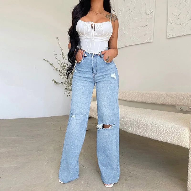 Baggy Jeans Women Flared Denim Pants High Waist Wide Leg Distressed Denim Jeans Light Wash Ripped Frayed Hem Jeans Pants