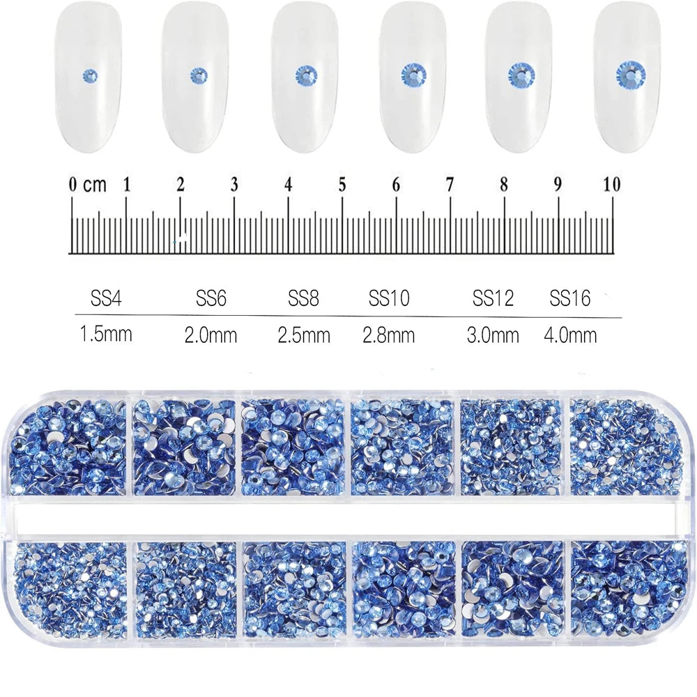 12Grid/1500PCS Shiny Crystal Nail Art Rhinestones SS4-16 Silver 3D Flatback Semicircler Nail Charms Gemstones for DIY Decoration