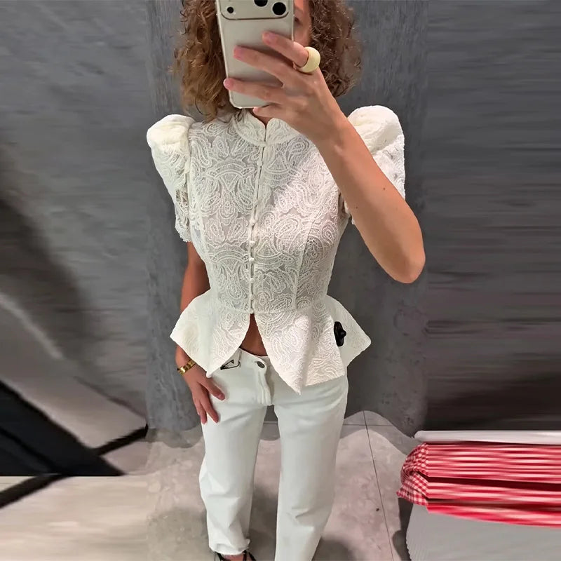 Lace Cutout Peplum Jacket Stand Collar Puff Sleeve Button Front Waist Cinched 2026 Summer Autumn Fashion Women Elegant Top