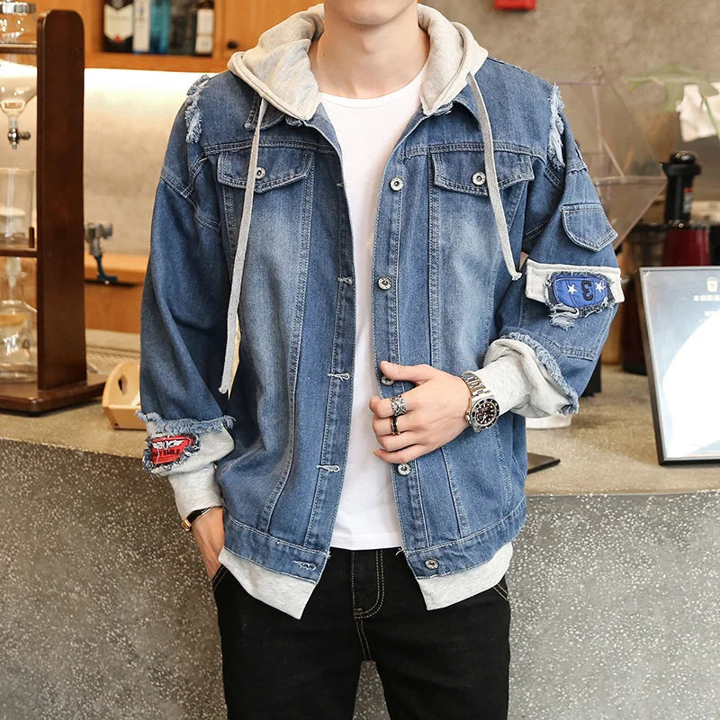 Customizable Men Denim Jacket Streetwear Hip Hop Men's Hooded Jean Jackets Male Casual Loose Outerwear Fashion Slim Fit Coat
