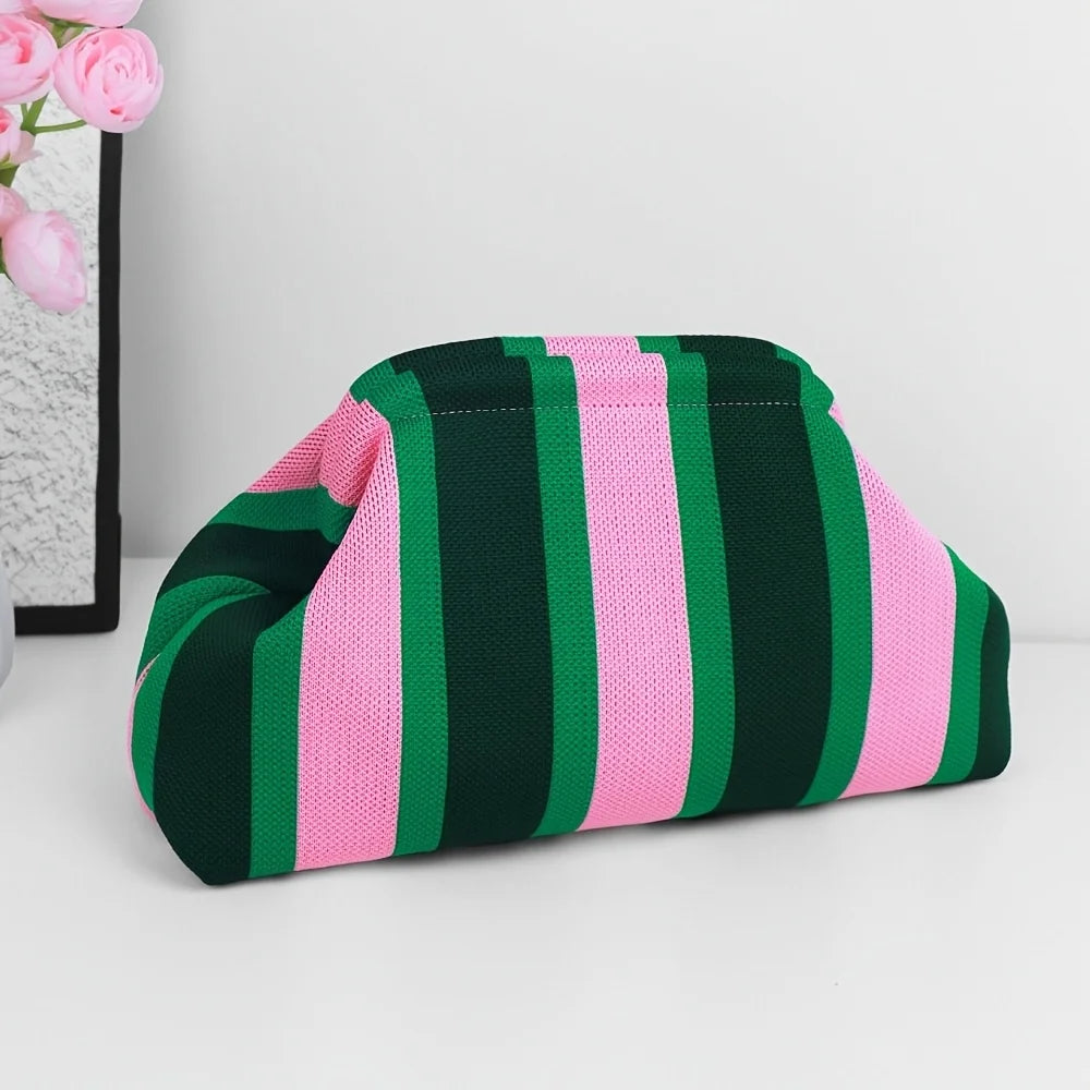 New Woven Bag Hollow-Out Striped Knitted Handbag Fly-Knitted Cloud Versatile Portable Cosmetic Bag