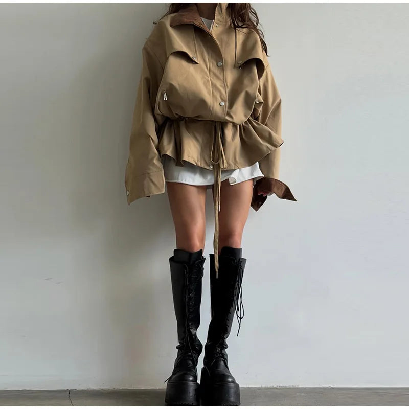 Lapel Women's Outerwear Waist Cinching Belted Jacket Drop Shoulder Cropped Cargo Trench Coat Meilaid Style Daily Fashion Wear