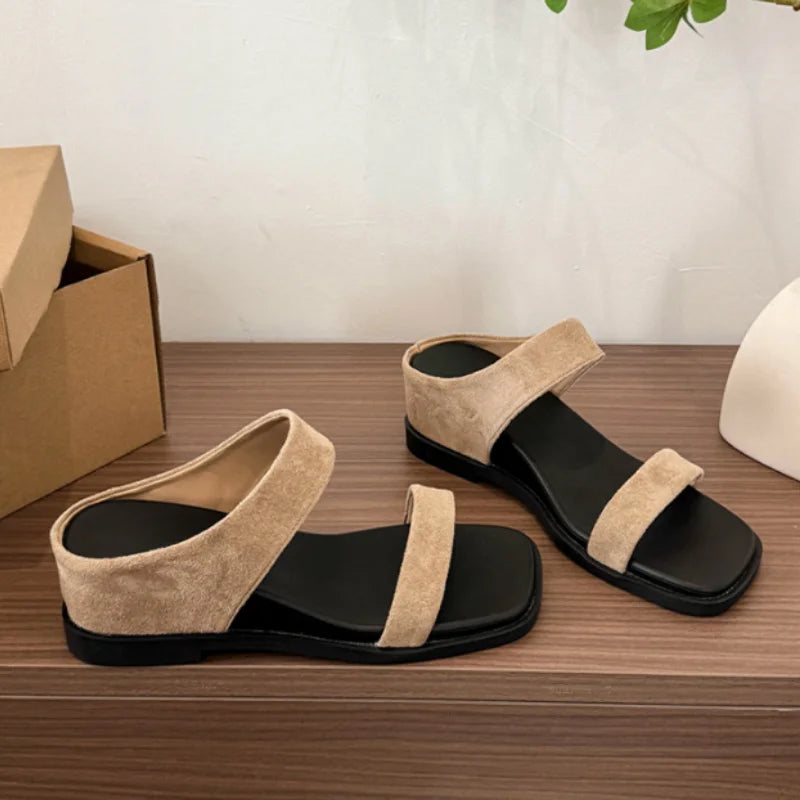 Women Flat Sandals Square Toe Double Band Slides Open Toe Slip On Casual Mules Summer Beach Outdoor Slippers