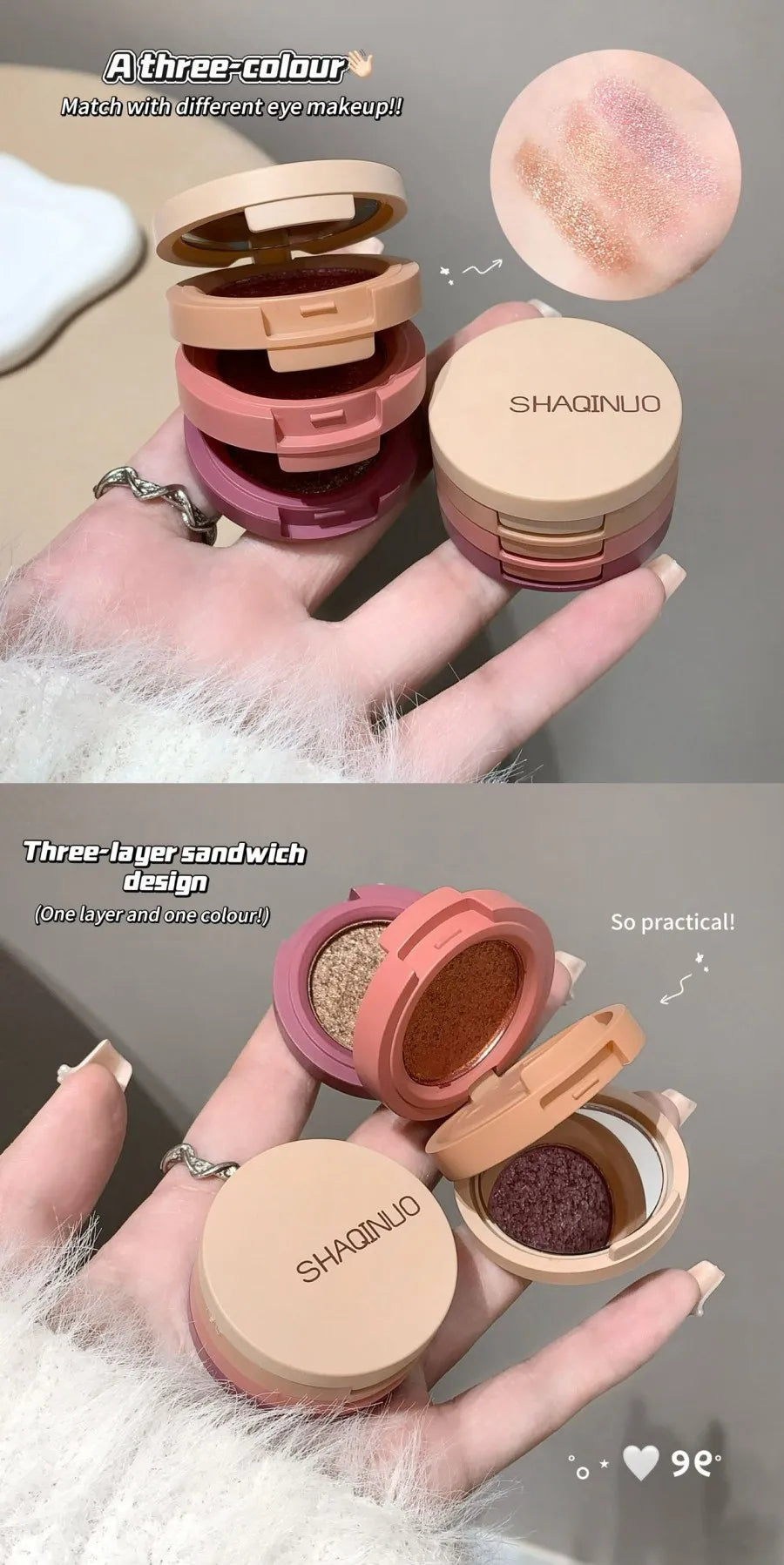 SHAQINUO Three-color Flip-top Eyeshadow Matte Pearlescent Earth-tone Eyeshadow Palette, One Palette to Complete Your Makeup