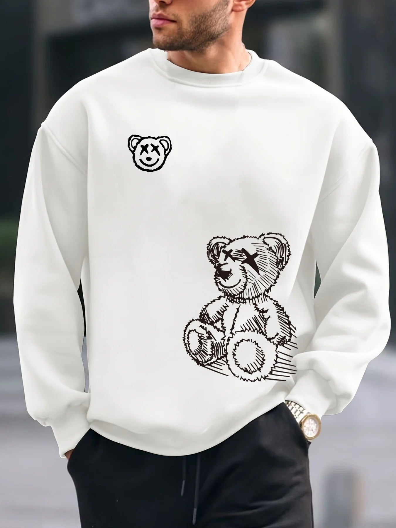 Men's autumn and winter fashionable casual loose cartoon bear graphic printed long sleeved round neck sweatshirt