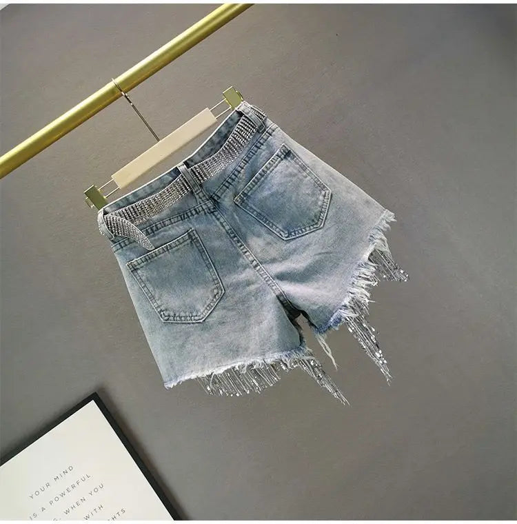 Denim Shorts Women's 2025 Summer Clothes New European High Waist Thin Heavy Industry Beaded Sequined Fringed Broken Copper Jeans