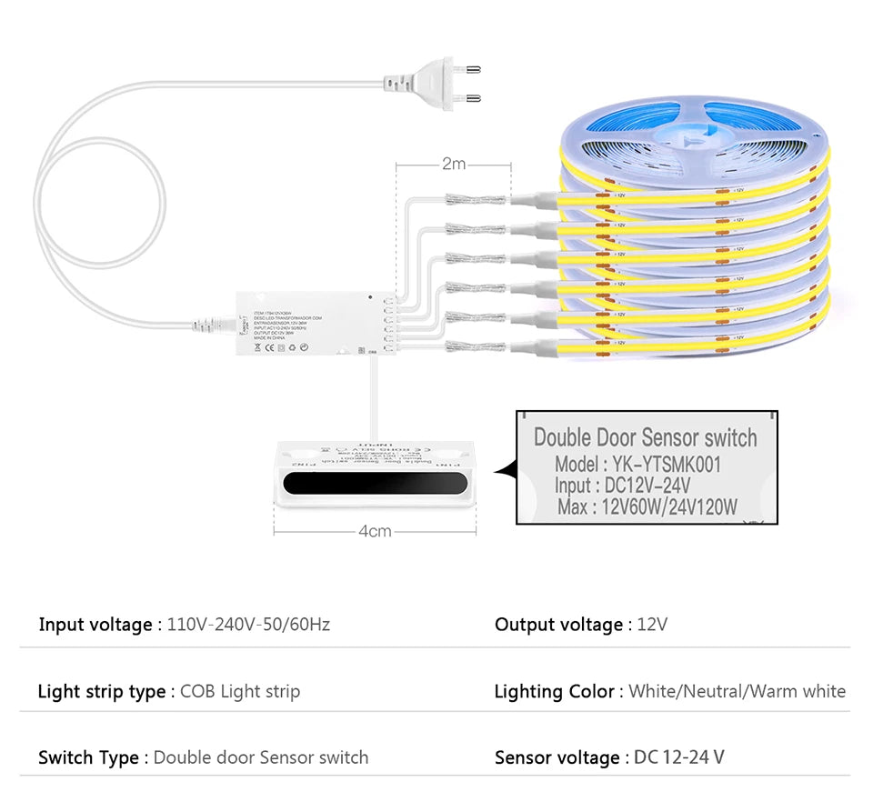 Smart Door Proximity Sensor Control LED Under Cabinet Lights 12V COB LED Strip Showcase Wardrobe Lamp Backlight For Room Kitchen