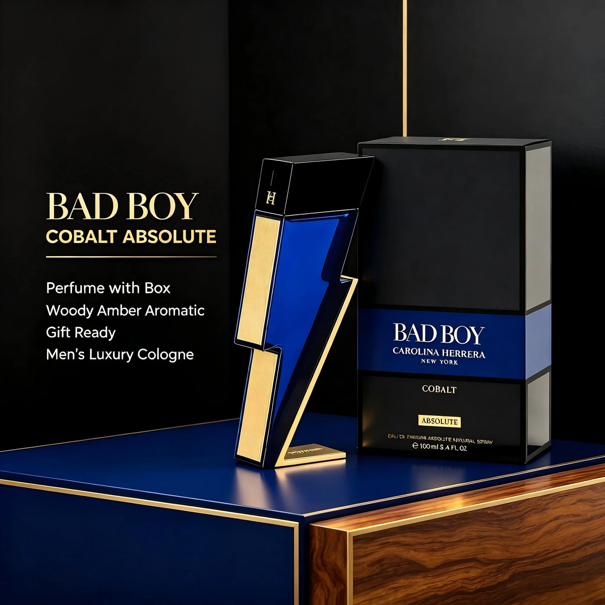 Carolina Herrera Bad Boy Cobalt Absolute EDP for Men, 3.4fl oz/100ml, 1 Bottle, Woody Amber Aromatic Long Lasting Men's Cologne, Birthday Gift for Him, Fall, Halloween, Thanksgiving, Black Friday, Christmas, New Year Holiday