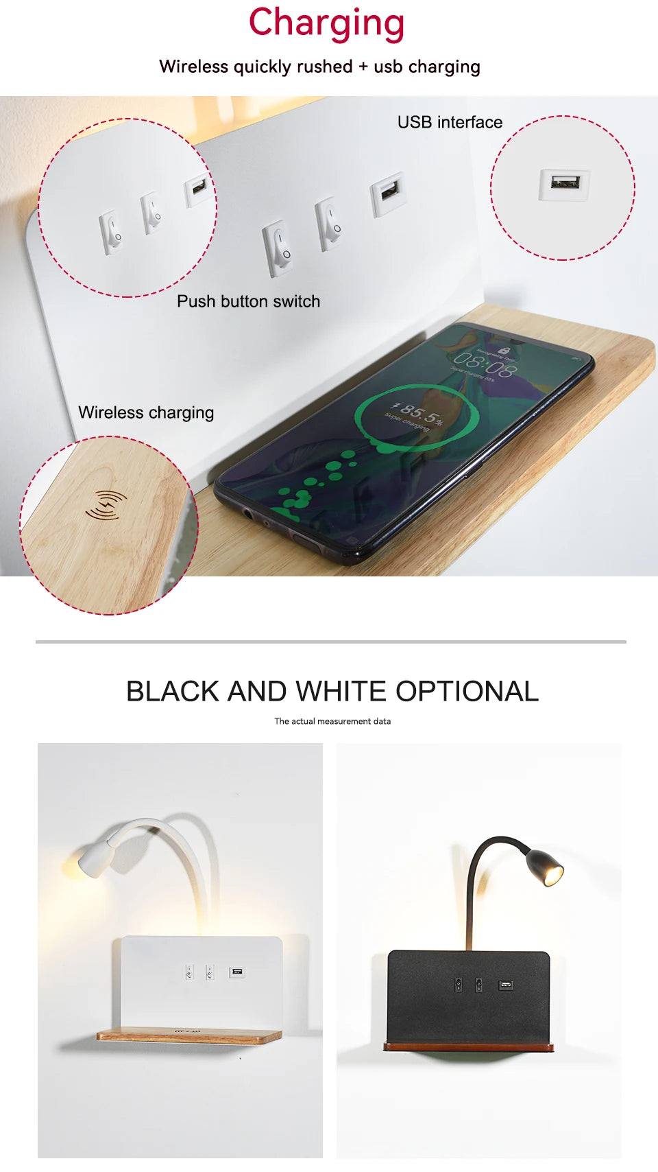 Indoor LED Wall Lamp With USB Interface And Wireless Charging Modern 360° Rotatable Wall Light With Switch Bedside Night Lights