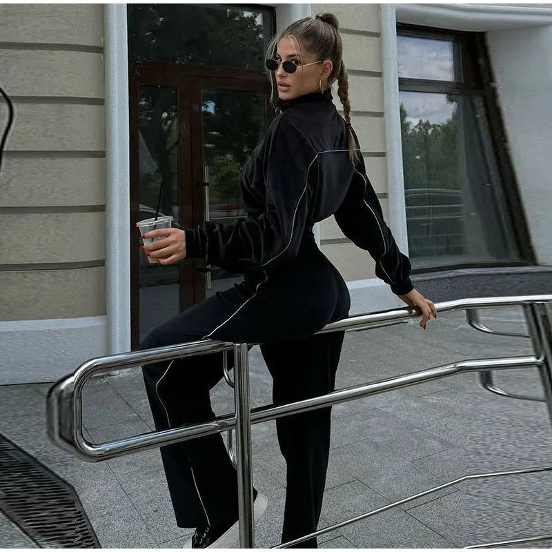 Women's Casual Solid Color Two-piece Short Stand-up Collar Jacket Wide-leg Pants 2026 Street Style Women's Clothing Set