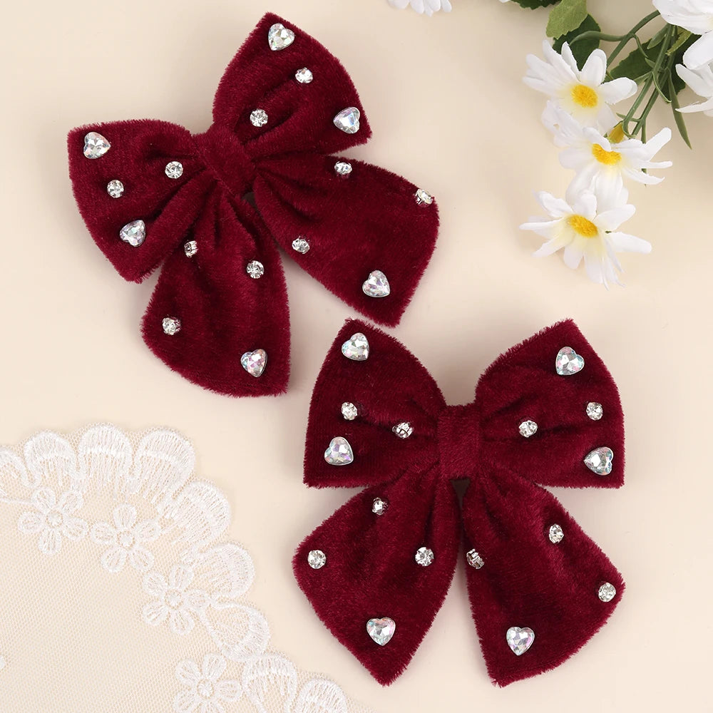 2Pcs Girls Velvet Bow Hair Clips Elegant Heart Shape Rhinestones Hairpins Vintage Burgundy Barrette Fall/Winter Hair Accessories