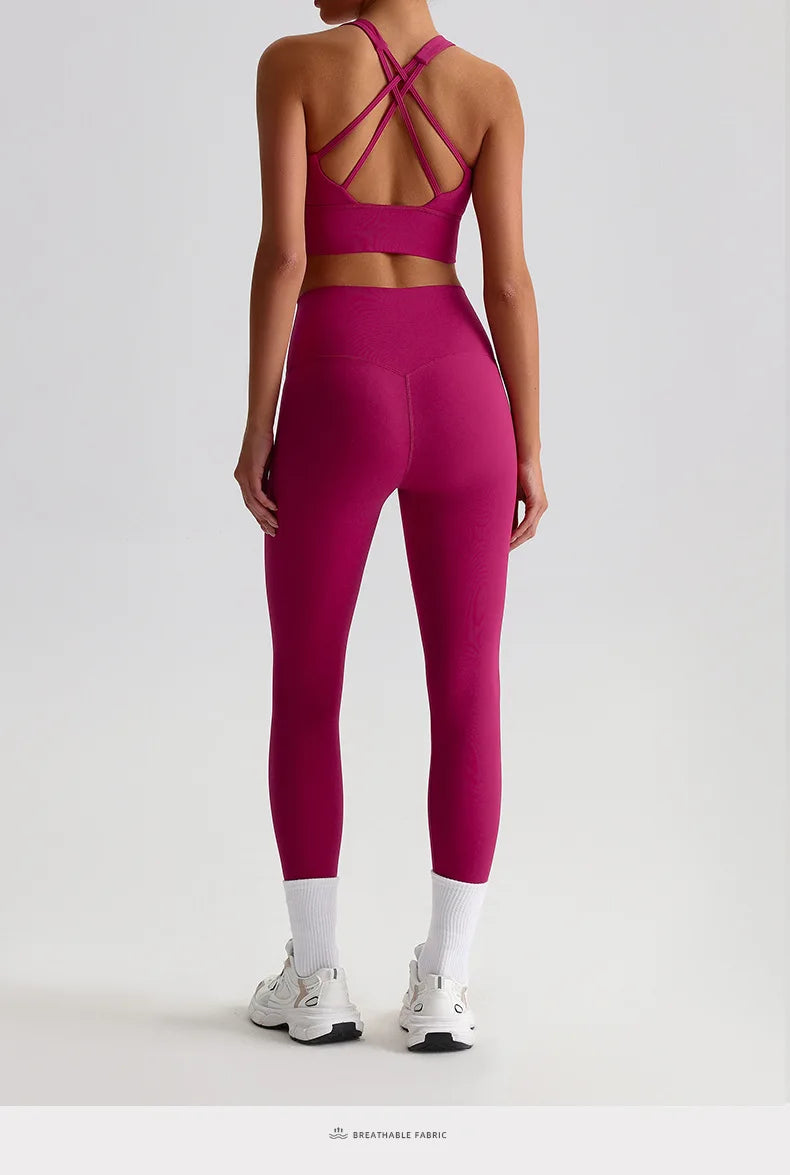 Naked Feel Yoga Set Women Fitness Sportswear 2 Piece Strappy Sports Bra High Waist Gym Leggings Workout Outfit Active Wear