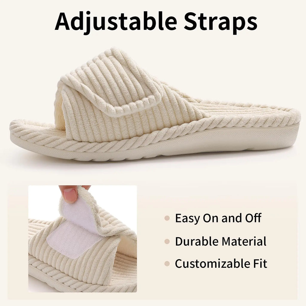 Comwarm Orthopedic House Slippers For Women Adjustable Indoor Slippers Fashion Open Toe Corduroy Bedroom Slides Fur Cotton Shoes