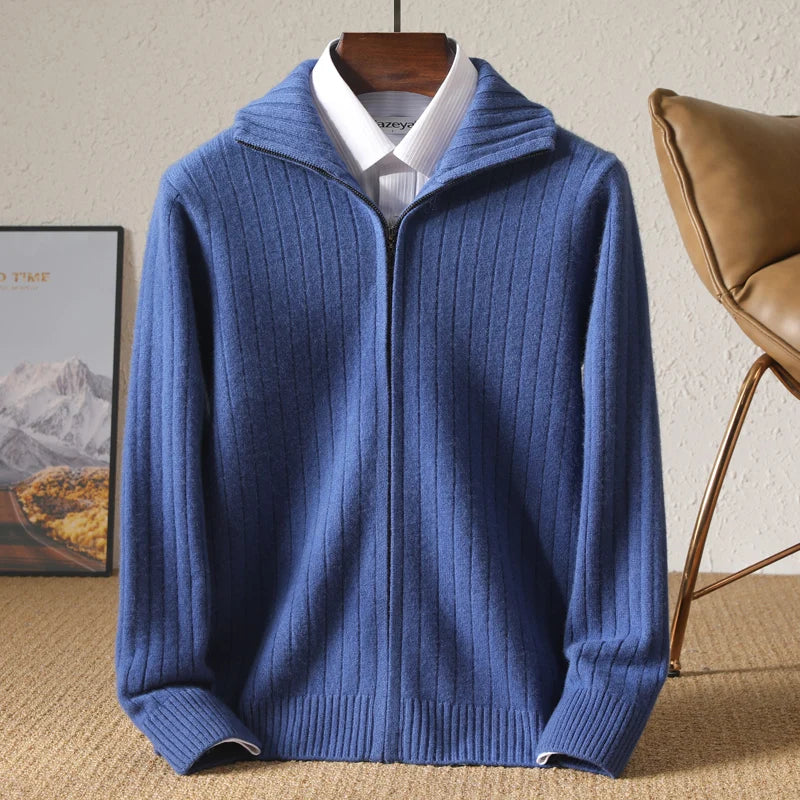 Men's Coat Winter Thickened New 100% Merino Wool Sweater Business Casual Zipper Lapel Cardigan Long Sleeved Warm Knit Jacket