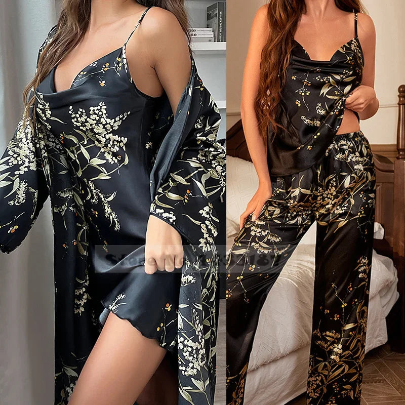Women 4PCS Pajamas Kimono Bathrobe Nightgown Print Cherry Flower Trouser Suit Sleepwear Loose Satin Home Wear Pyjama Pour Femme