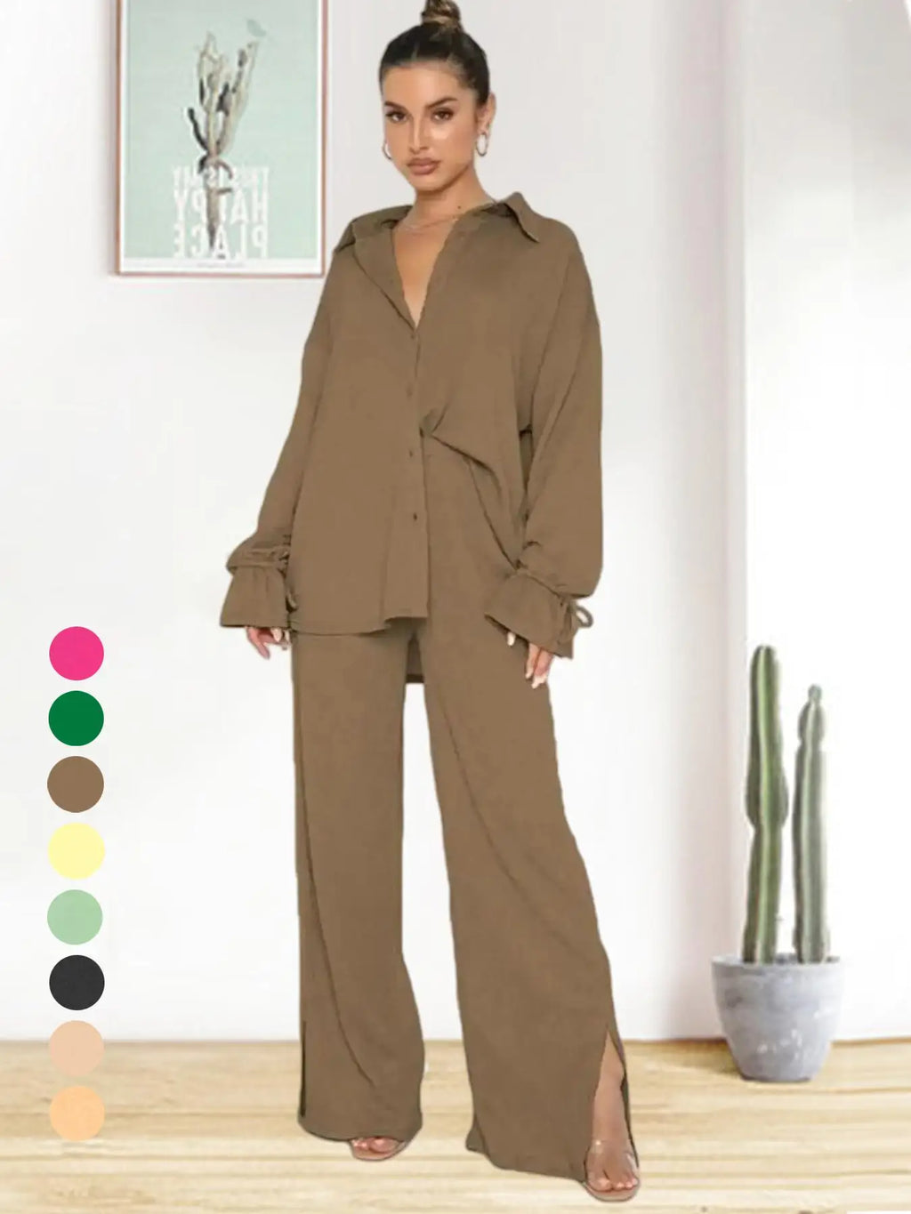 2026 SPRING SUMMER WOMEN'S SOLID COLOR TWO-PIECE SET, RUFFLE SLEEVE SHIRT MATCHED WITH SLIT PANTS, COMFY OUTFIT FOR DAILY CASUAL