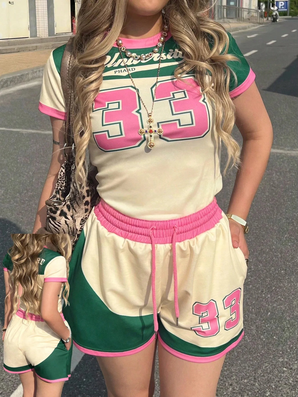 New Summer American Street Trend Spicy Girl Ins Style 33 Jersey Element T-shirt Set Casual Oversized  Top Shorts FamilyMatching
