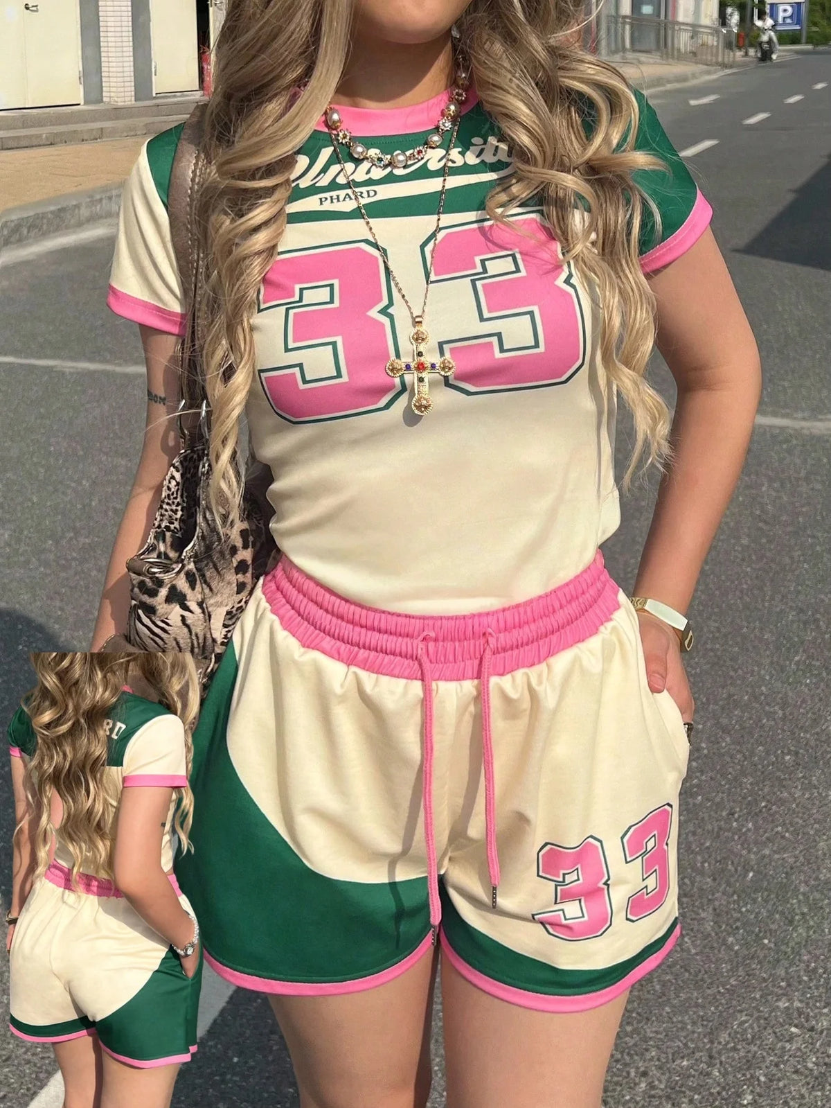 New Summer American Street Trend Spicy Girl Ins Style 33 Jersey Element T-shirt Set Casual Oversized  Top Shorts FamilyMatching