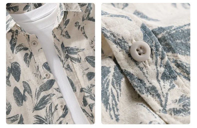 Summer New Printed Breathable Linen Cotton Short Sleeve Shirt for Men Clothing Casual Turn-down Collar Summer Shirt FY736