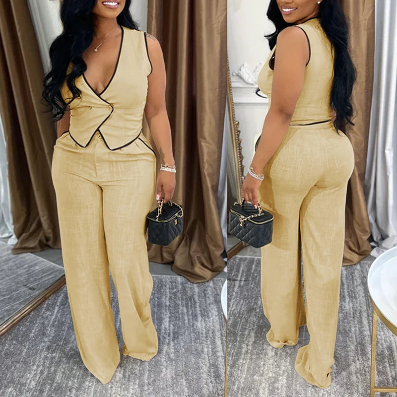 BKLD 2025 Women's Temperament Commuting Suit Contrasting Button Sleeveless Vest Tops+Zipper Pockets Pants Fashion Casual Outfits