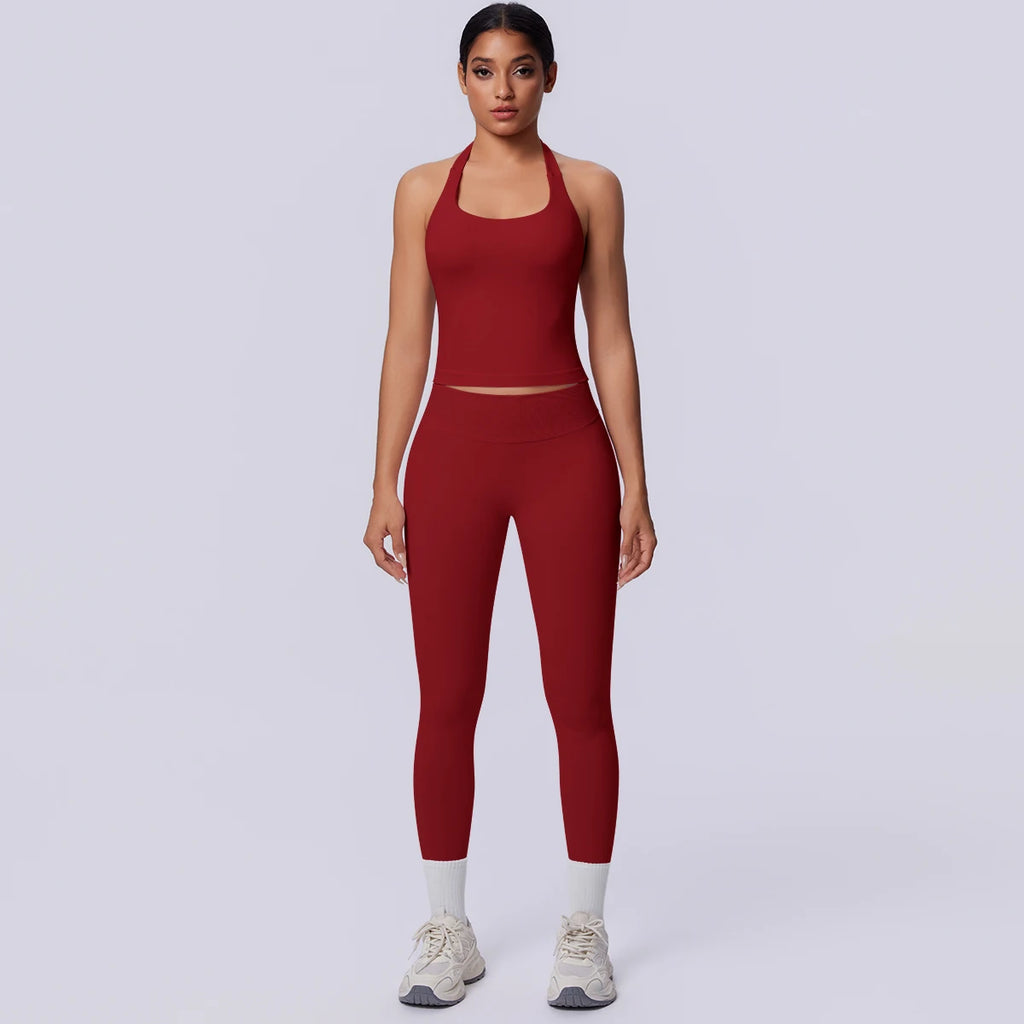 2PCS Woman Yoga Set Solid Color Sexy Fitness Top Summer Gym Workout High Stretch Female Pants Sports Fitness Clothing Yoga Set