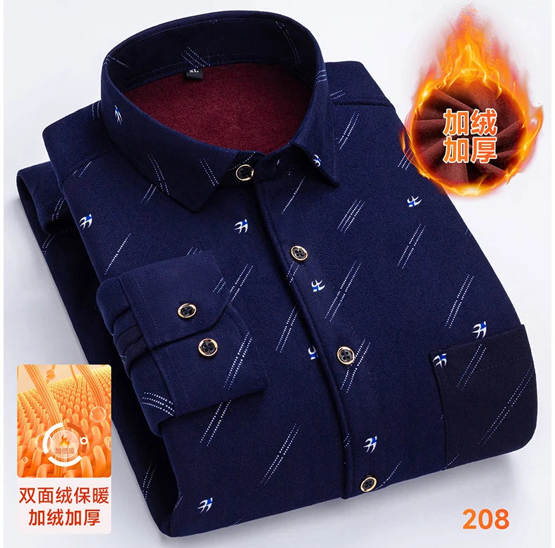 2025 Men's Winter Warm Shirts Long Sleeve Plaid Print Flower Autumn Thickened Fleece Street Trend Casual Dress Shirts 8XL 7XL
