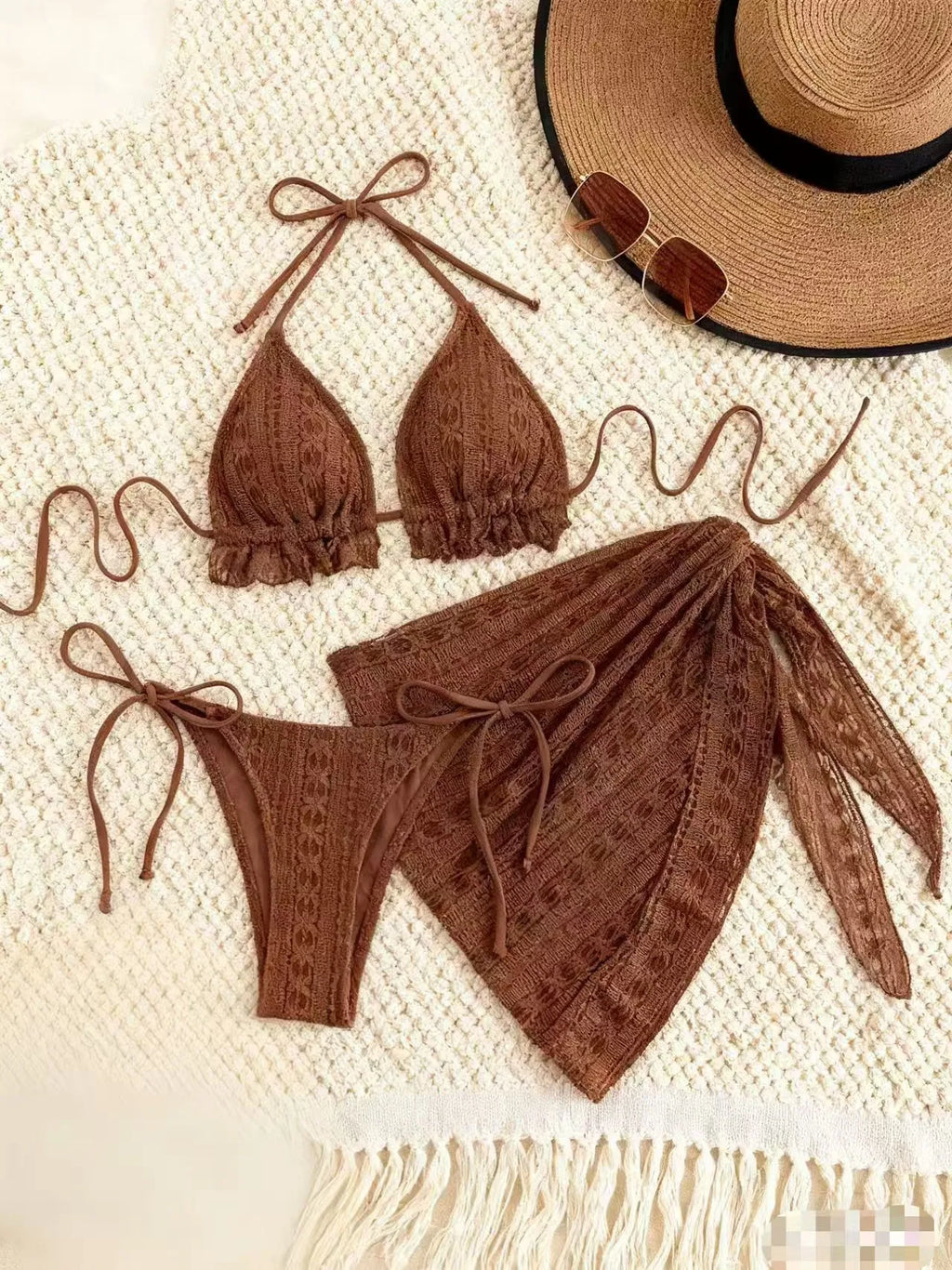 Women's Sexy Bikini Set 3 Piece Swimwear With Cover Up Skirt Beachwear Halter Top Bottoms Summer Vacation Swimming Suit Outfit