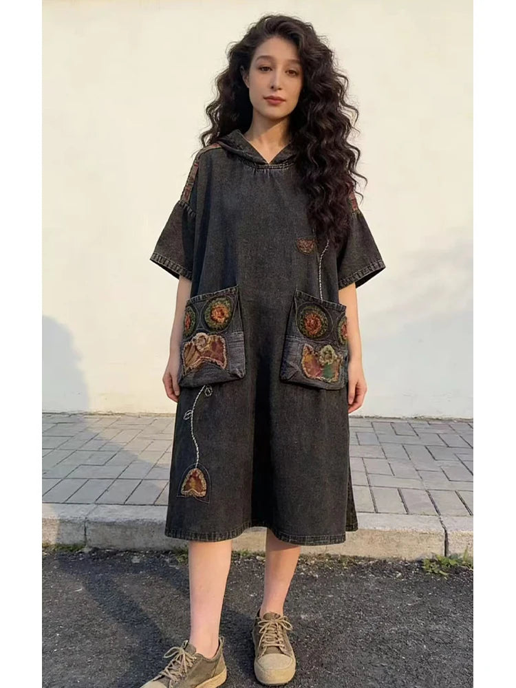Amax LuluE Spring Vintage Loose Denim Dress Ladies 2026 Fashion Causal Embroidery Vestidos Womens British Classic Luxury Clothes