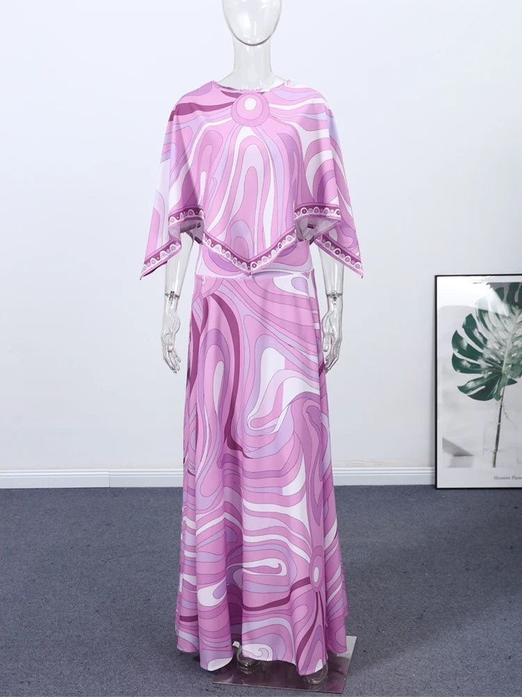 Bohemian Printed Shirt Skirt Suits Women Vintage Irregular Long Sleeve Top Female Sets High Waisted Long Skirt Ladies Outfits
