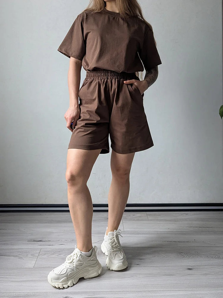 Summer 2 Piece Shorts Set Woman Cotton Brown Oversized T Shirts And Shorts Two Pieces Outfits For Women White Short Sets Pink
