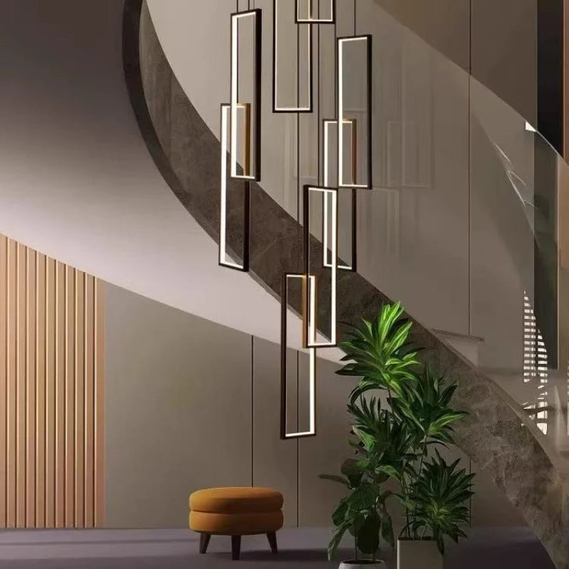 Modern Simple Staircase LED Chandeliers Aluminum Squarer Pendant Lights Loft Villa Duplex Exhibition Hall Decor Lighting Fixture